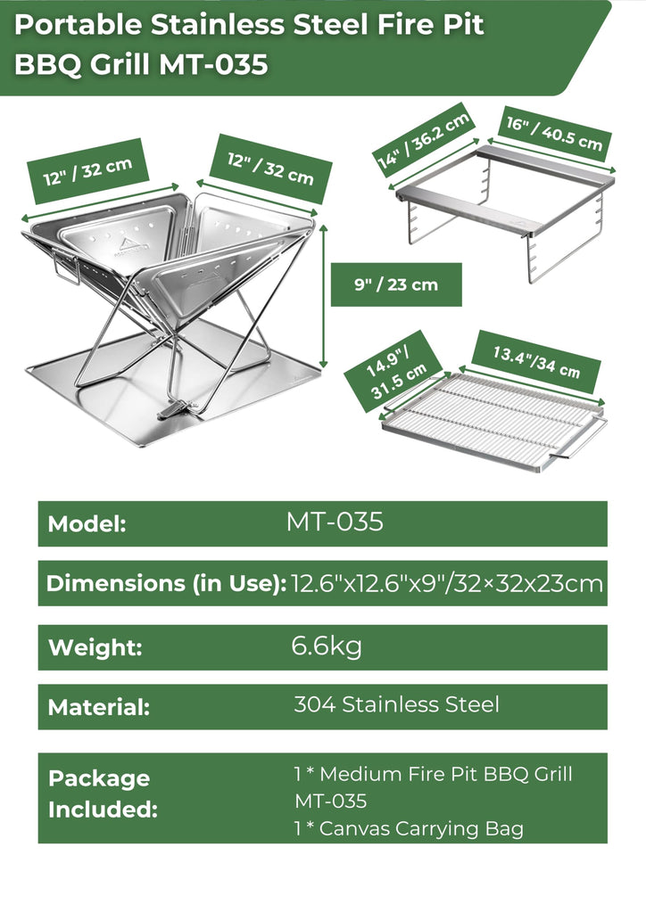 Medium Portable Fire Pit Grill Wood Burning