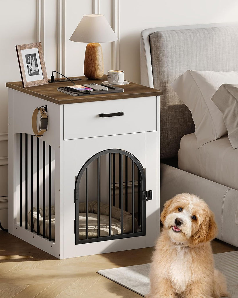 Dog Crate Furniture, Wooden Dog Kennel with Charging Station and Storage Drawer, Indoor Pet Crate End Table for Small