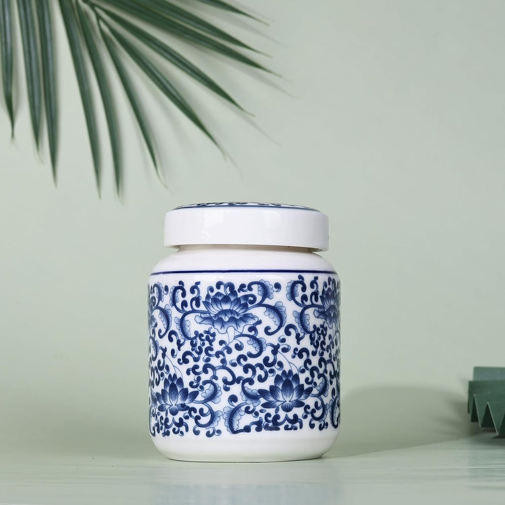 Chinoiserie Blue and White Porcelain Ginger Jar with Twist Lid-Versatile Ceramic with Five Unique Floral
