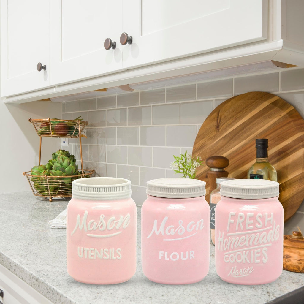 Mason Jar Ceramic Flour Canister with Lid, Farmhouse Kitchen Storage, Pink