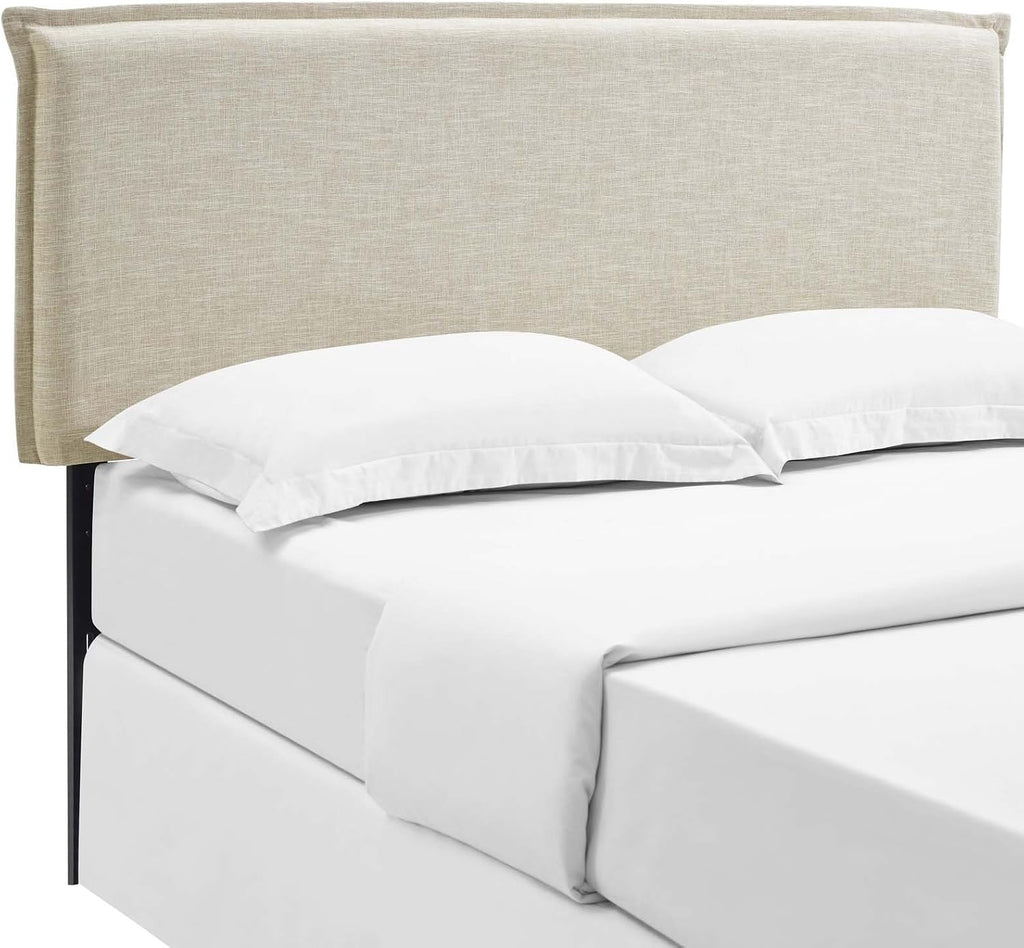 Linen Fabric Upholstered Queen Headboard in Beige with French Piping