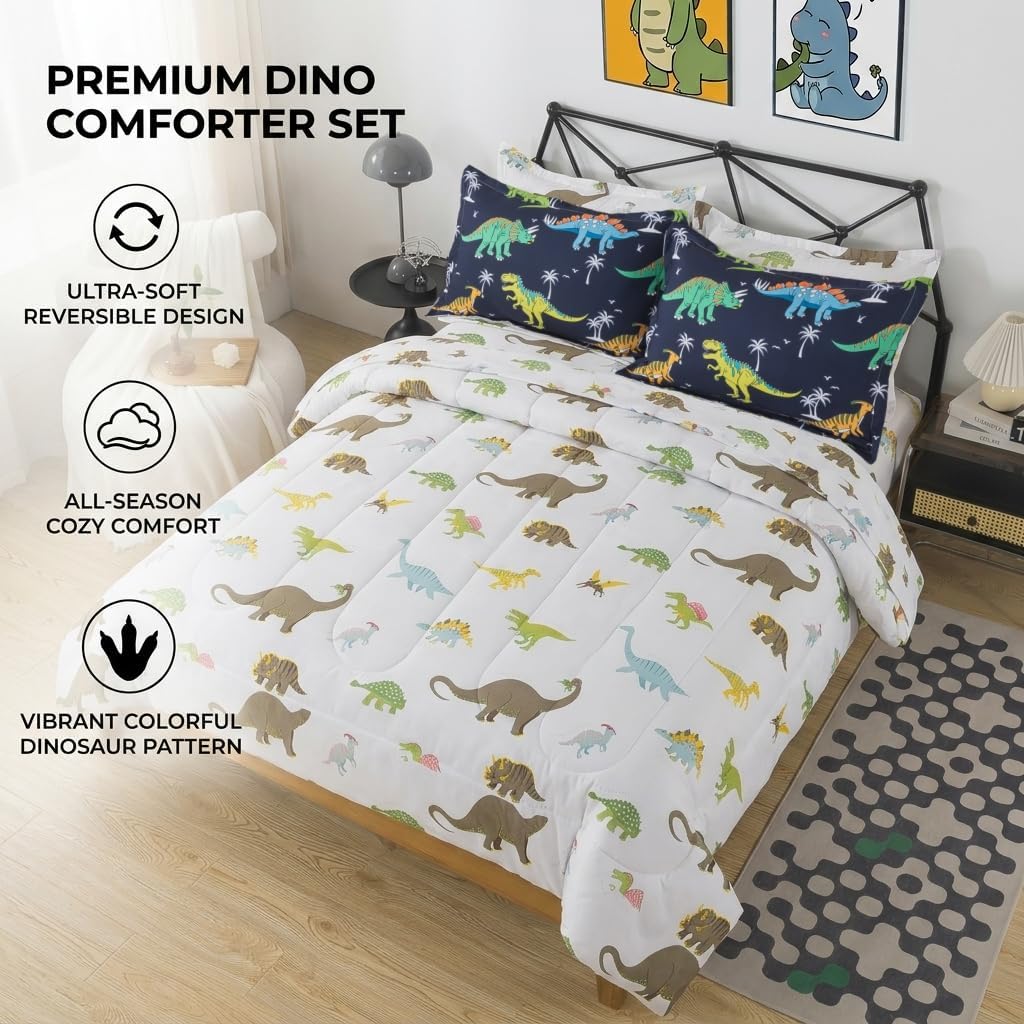 7 Pieces Dinosaur Comforter Full Kids Jungle Dinosaur Bedding Set Bed in A Bag for Boys T-Rex Dino Comforter and Sheets Set for Teens Girls Coco Animal Bed Sets Home Decor