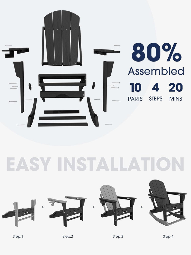 Adirondack Rocking Chair with Ottoman and Cup Holders | HDPE Porch Rocker, Black