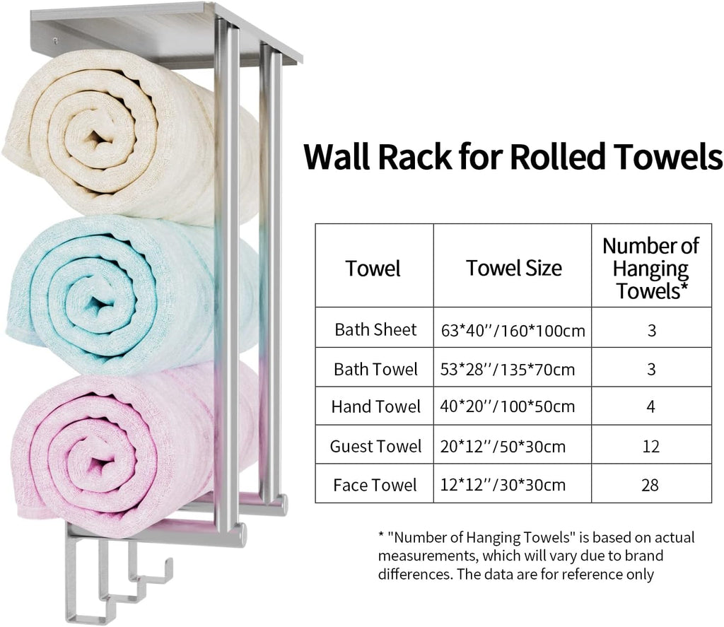 Towel Racks Wall Mounted with 3 Hooks, Brushed Nickel | Stainless Steel Towel Rack with Shelf, Towel Storage Holder