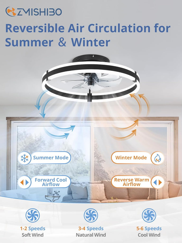 Ceiling Fans with Lights and Remote, 19.7'' Low Profile Ceiling Fan, 3000-6000K Dimmable Modern Flush Mount LED Fan Light, 6 Wind Speeds, Black Fandelier Ceiling Fans for Bedroom A101-B0DBHGKLLQ