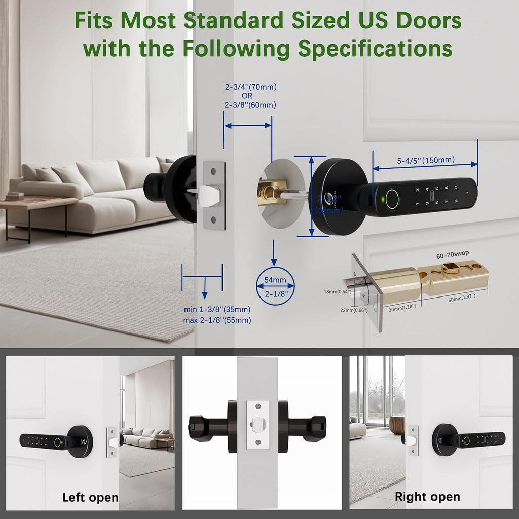 Fingerprint Door Lock, 5-in-1 Smart Door Knob with Handle, Biometric Keyless Entry with Keypad and App Home Office