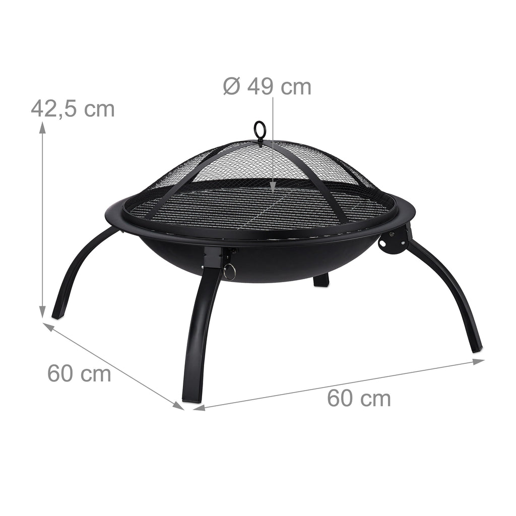 Black XL Pit, Grate, Poker, Spark Screen, Lid, with Bag, Garden, Patio, Fire Bowl D 56.5 cm, mit Tragetasche