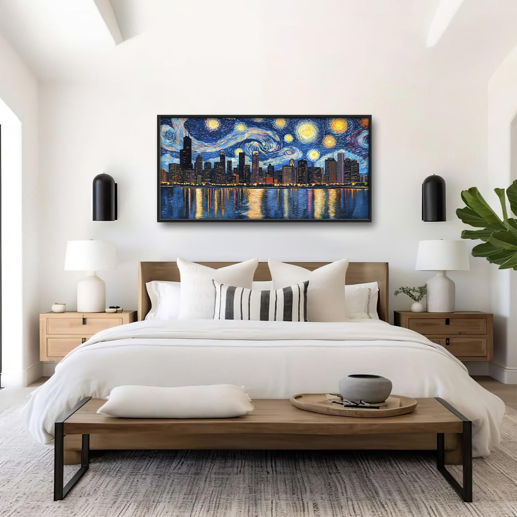 Chicago Skyline Wall, Starry Night Chicago Pictures Wall Decor, USA Cityscape Canvas Prints Painting, Large Building