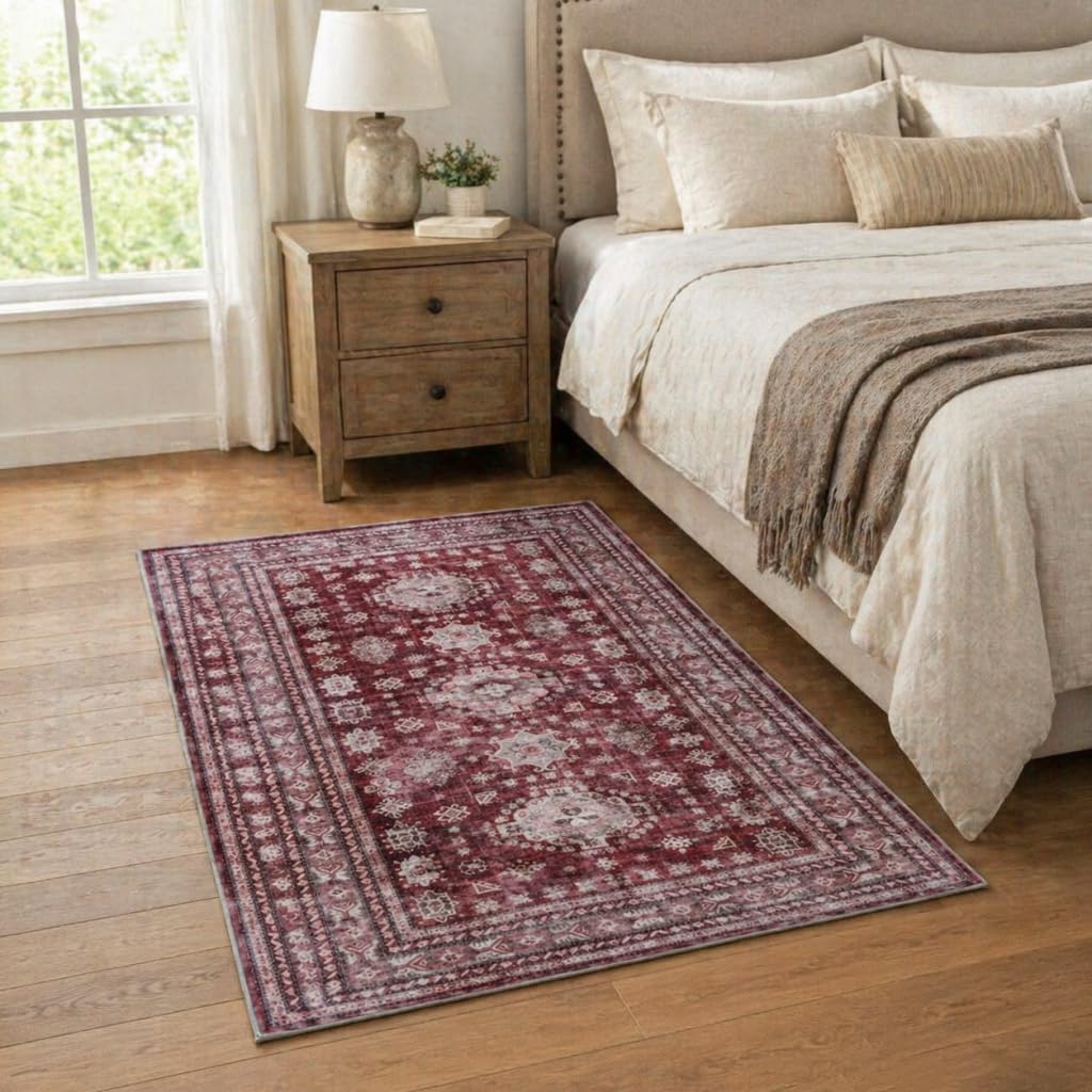 Washable 3x5 Area Rug, Boho Vintage Floral Rug Non Slip Low Pile Indoor Carpet, Durable Distressed F