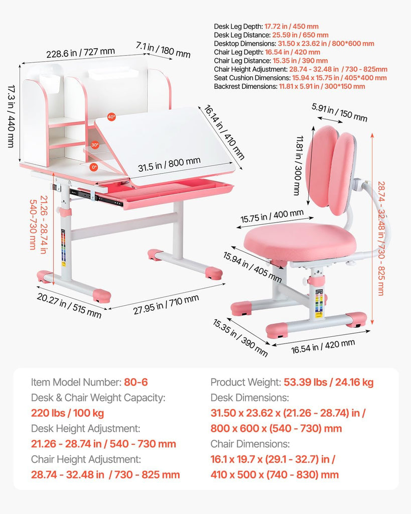 Kids Study Chair and Desk Set, Study Desk and Chair for Kids with Bookshelf & Storage Drawer, Adjustable Height &