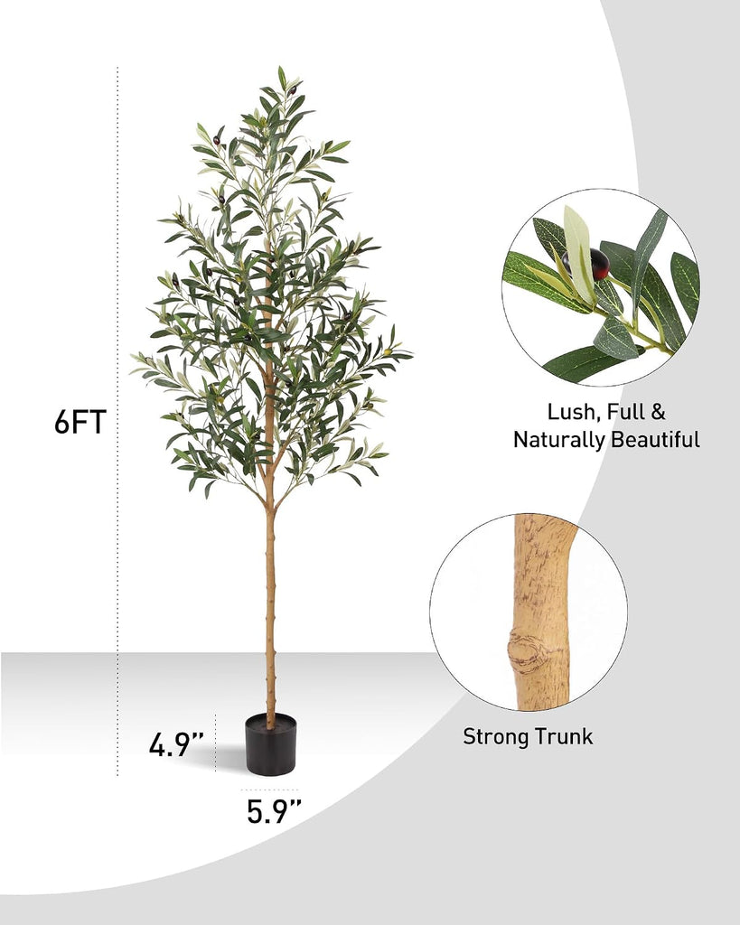 6FT Olive Trees Artificial Indoor, Tall Fake Olive Tree (72in) with Realistic Leaves and Olives, Sturdy Weighted