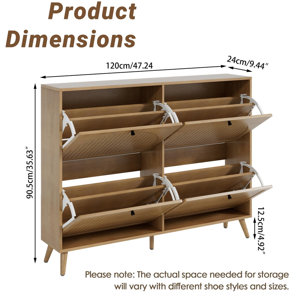 Shoe Storage Cabinet with 4 Fluted Flip Drawers, Oak