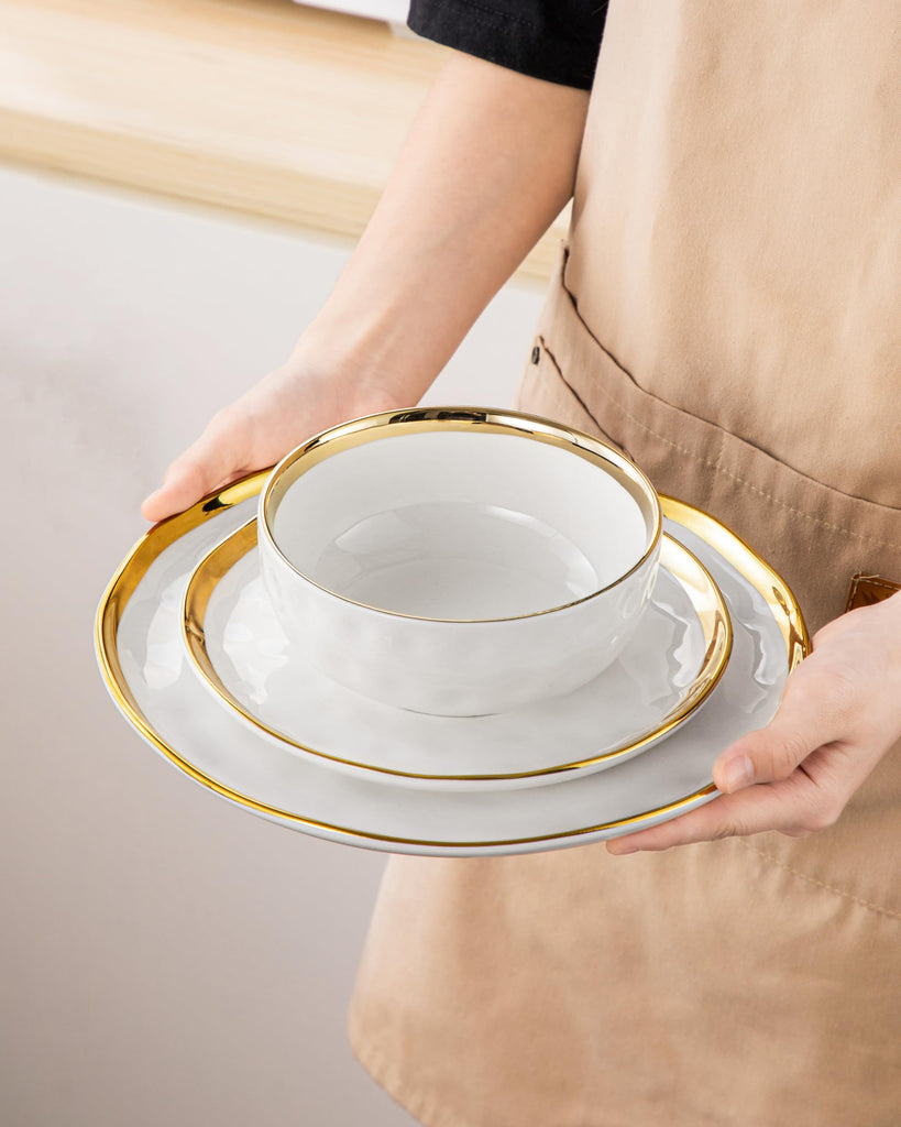 12 Pieces Plates and Bowls Sets, Porcelain White and Gold Dinnerware Sets, Round Dinner Plates Dishes Set Service