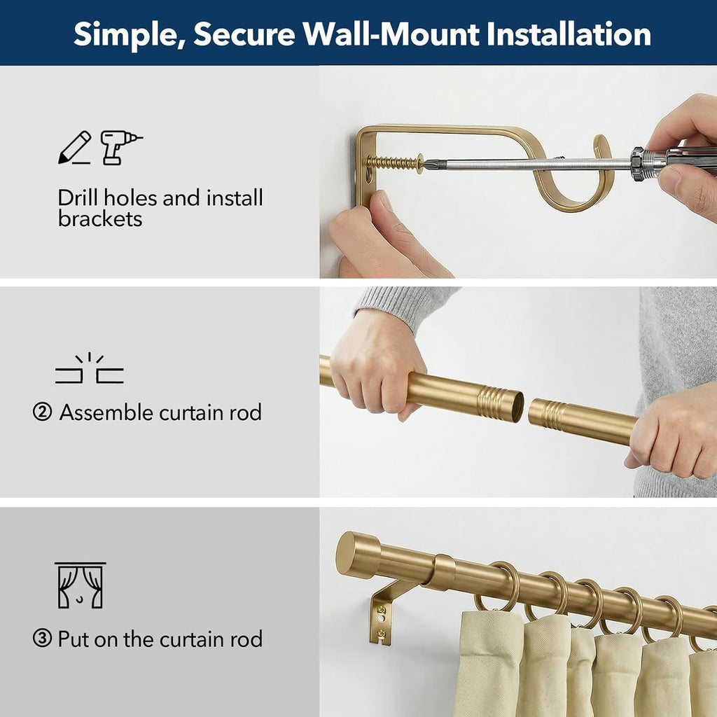 Heavy Duty Brush Gold Curtain Rods for Windows, 1 Inch Brass Curtain Rod Adjustable with Metal Modern