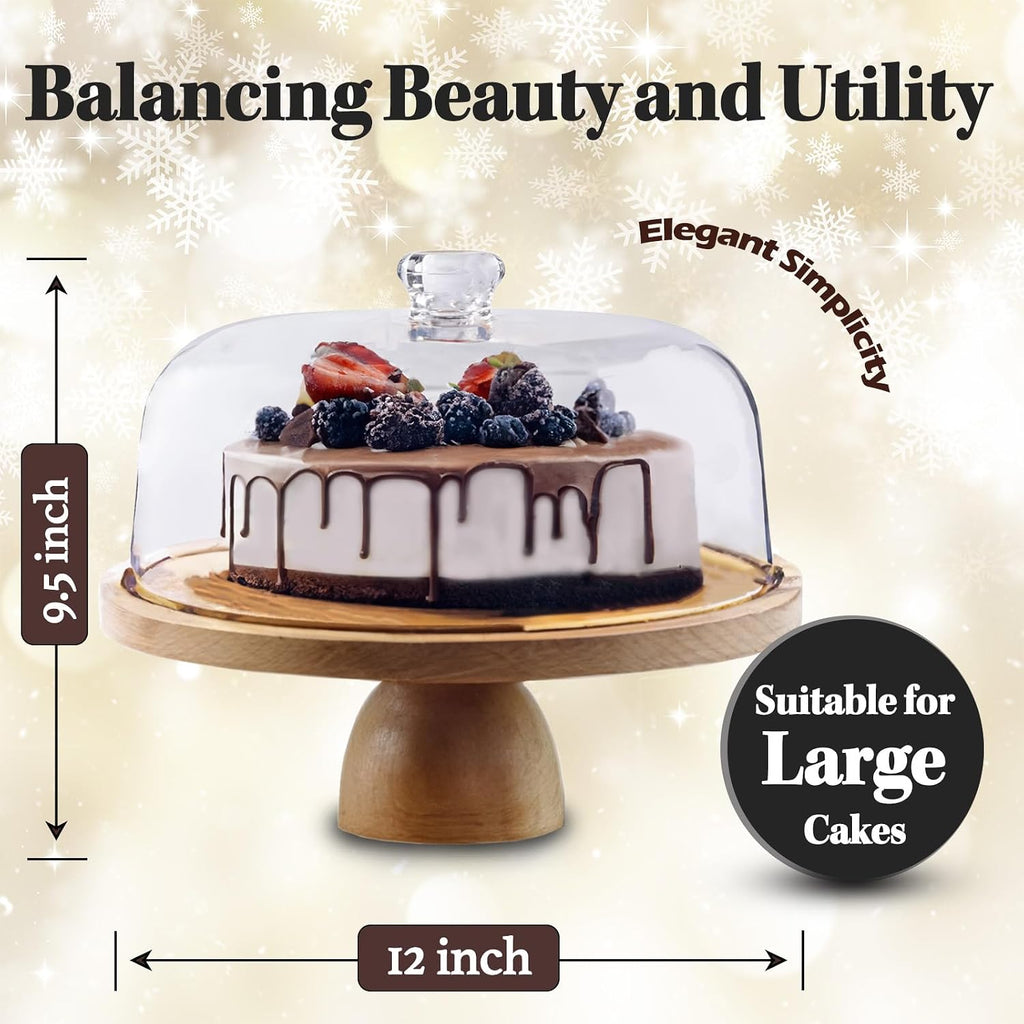 Cake Stand with Acrylic Dome Lid 2-in-1 - Multifunctional Round Shatterproof Dessert Table Display Set with Acacia