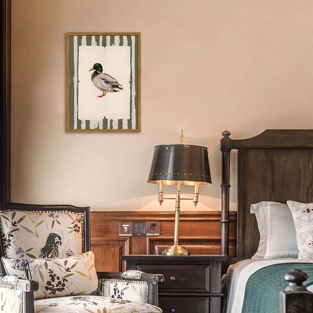 Framed Vintage Mallard Duck Wall Art, Country Farmhouse Duck Pictures Wall Decor, Rustic Wildlife Animal Paintings
