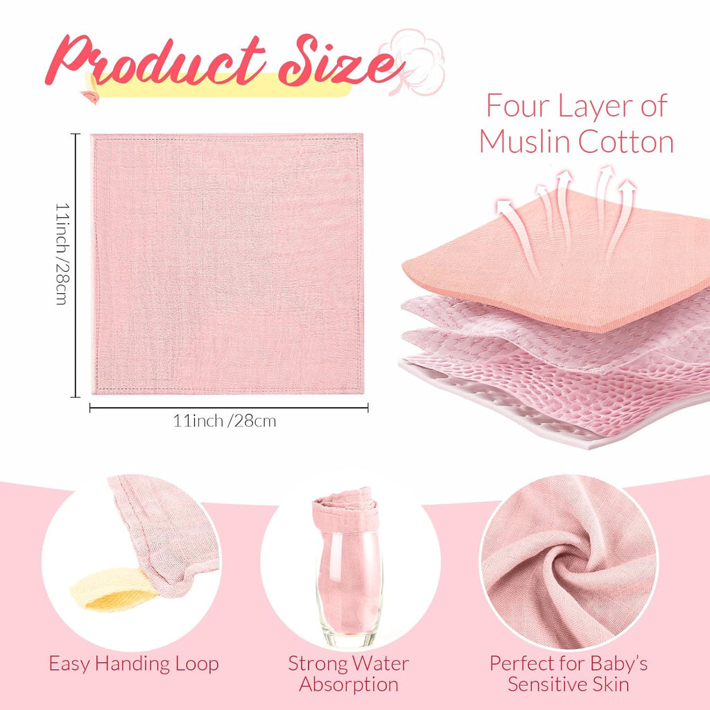 6 Pcs Muslin Hooded Baby Towels and Washcloths,Pink,Dark Pink