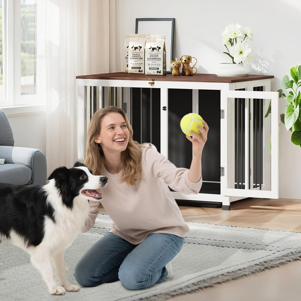 Dog Crate - 39.4" Wooden Dog Kennel Furniture with 360° Rotating Feeder & Removable Tray | Multi-Functional End Table