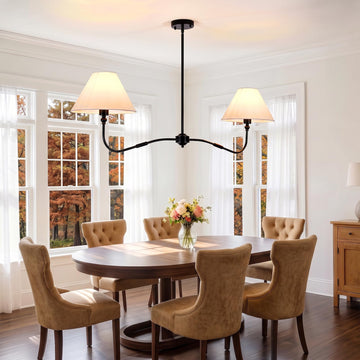 47" Modern Linear Chandelier Island, 2-Light Black Linear Dining Room Light Fixture with White Fabric Shade, Hanging