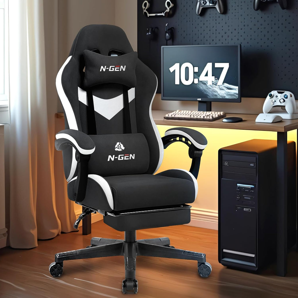Gaming Chair, Lumbar Support with Breathable Fabric, Black | Ergonomic Design with Linkage Armrests, Adjustable
