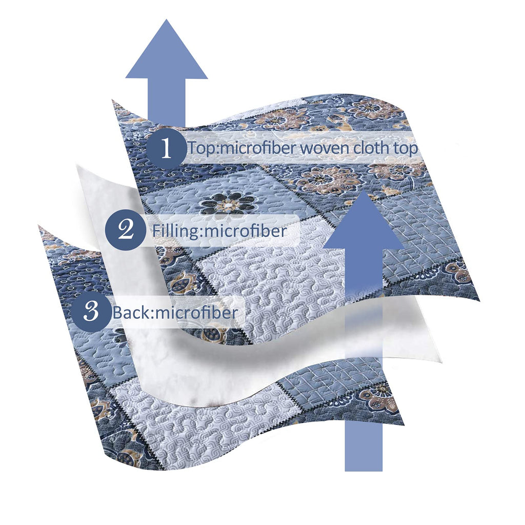Navy Blue Plaid Floral Quilt Set 98"x106", 3 Pcs Boho Bedspread Coverlet Set for All Season, Patchwork