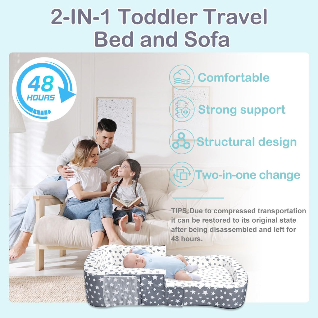 Toddler Travel Bed, Portable Toddler Bed & Chair 2-in-1 - Convertible Travel Crib with Storage Pockets