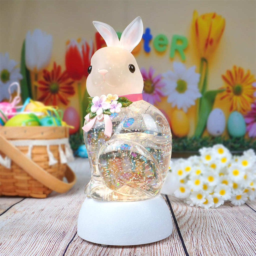 Spring Rabbit Snow Globe Lantern, Rabbit Snowglobe Decor with Swirling Glitter, 6H Timer, USB or Battery Powered