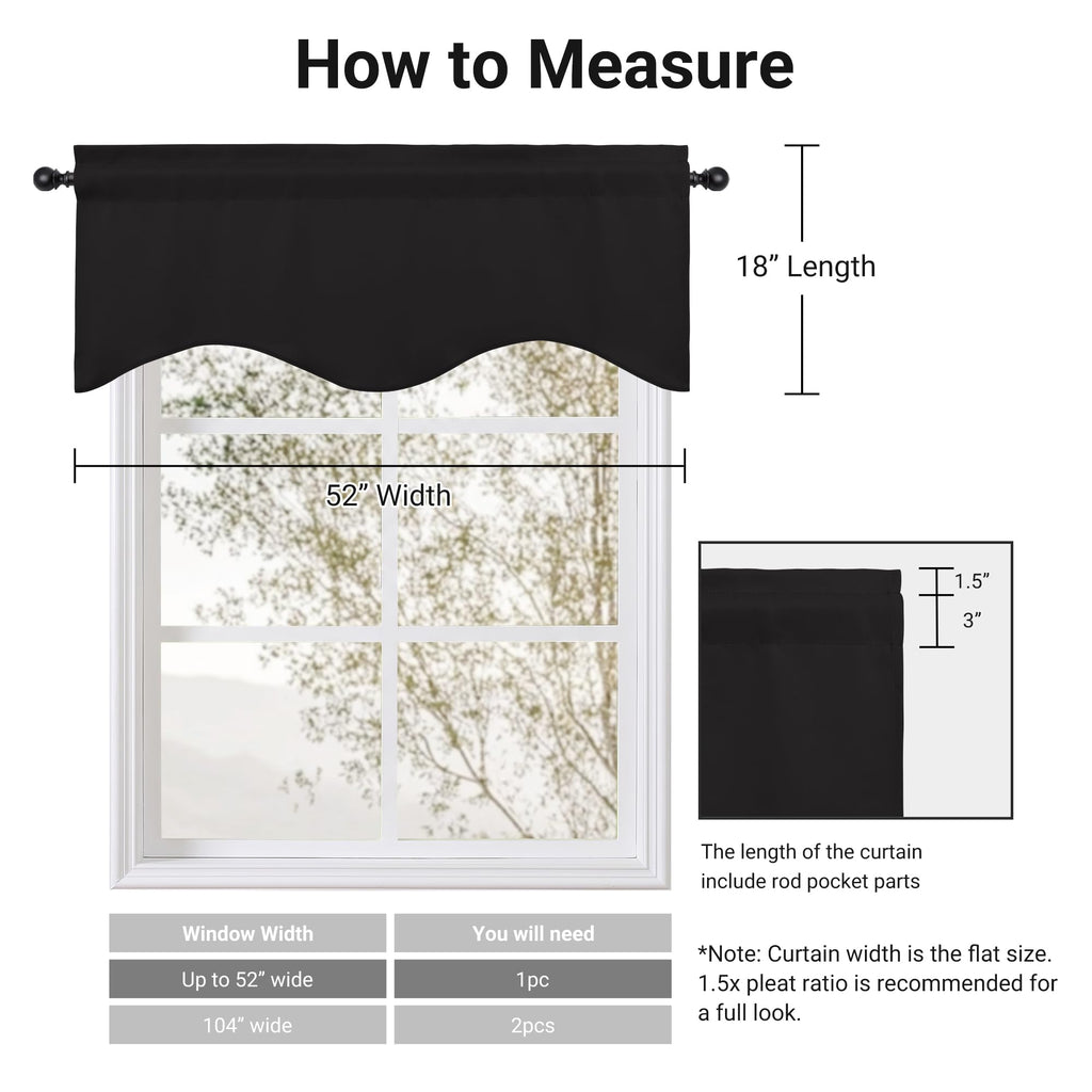 Blackout Scalloped Valance Curtain 2 Panels, W52 x L18 Inch, Black