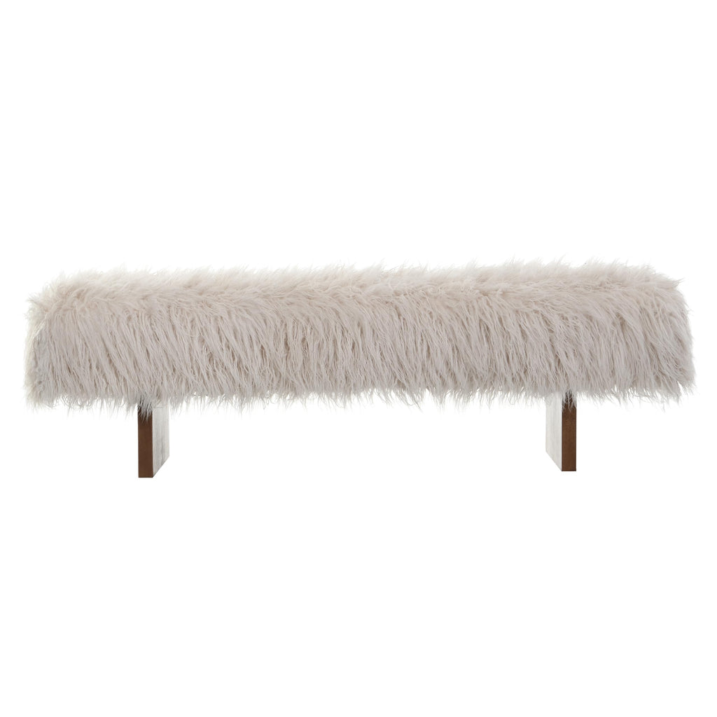 Lenka 67" Long-haired Faux Wool Bedroom Bench, Rubberwood Ottoman Bench, Spacious Seating, Long Footstool, Luxury