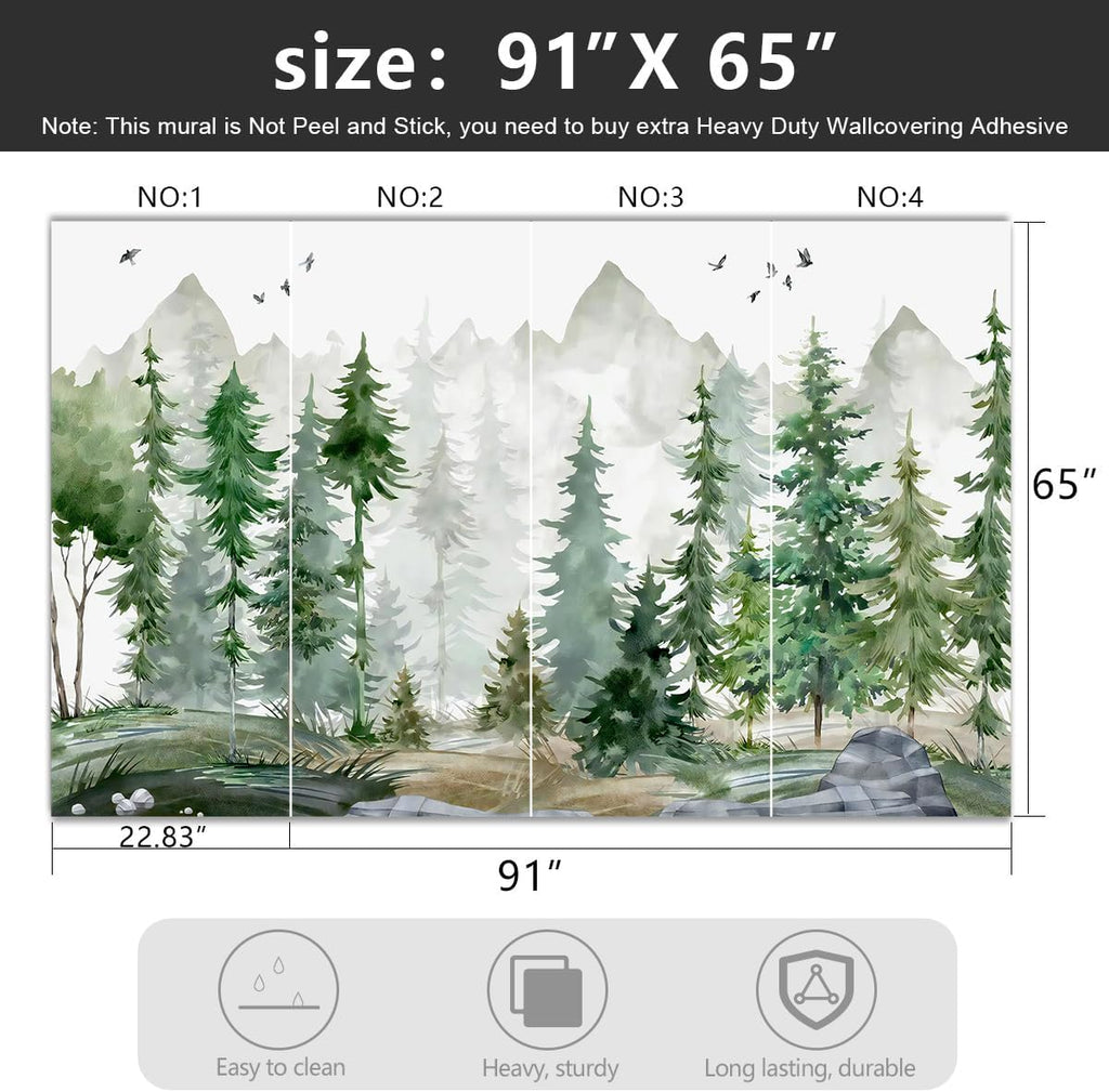 Green Cartoon Pine Forest Nursery Fabric Wallpaper for Boys and Girls Children's Bedroom Living Room Woodland Plants
