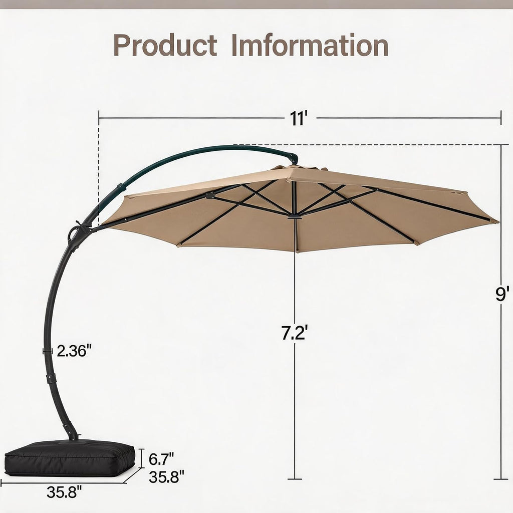 11ft Patio Cantilever Umbrella with Base Included, Outdoor Curvy Round Offset Umbrella, Heavy Duty Aluminum
