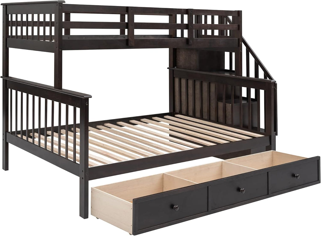 Wood Twin Over Full Bunk Bed with Storage Stairs for Kids Boys Girls, Stairway Bunk Bed with Drawers and Guardrails