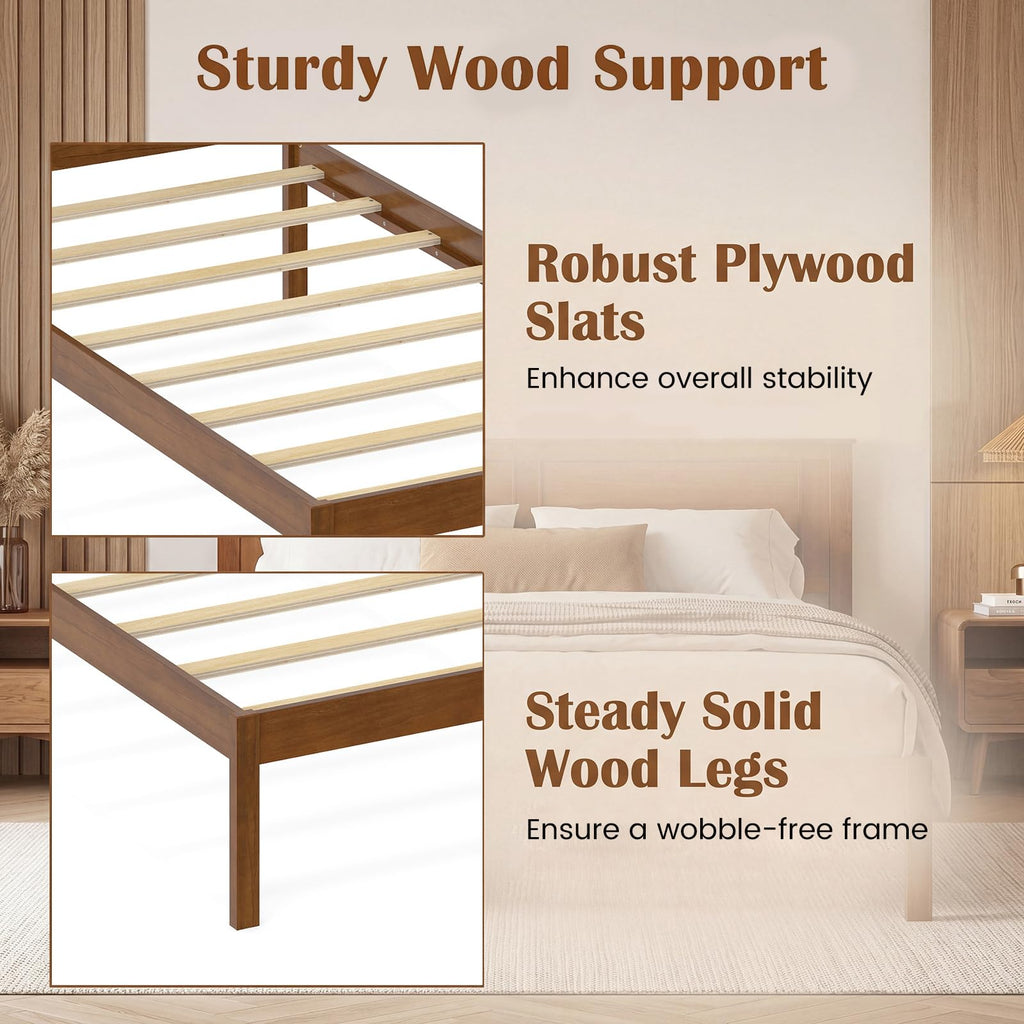 Twin Size Bed Frame, Farmhouse Wooden Platform Bed with Headboard