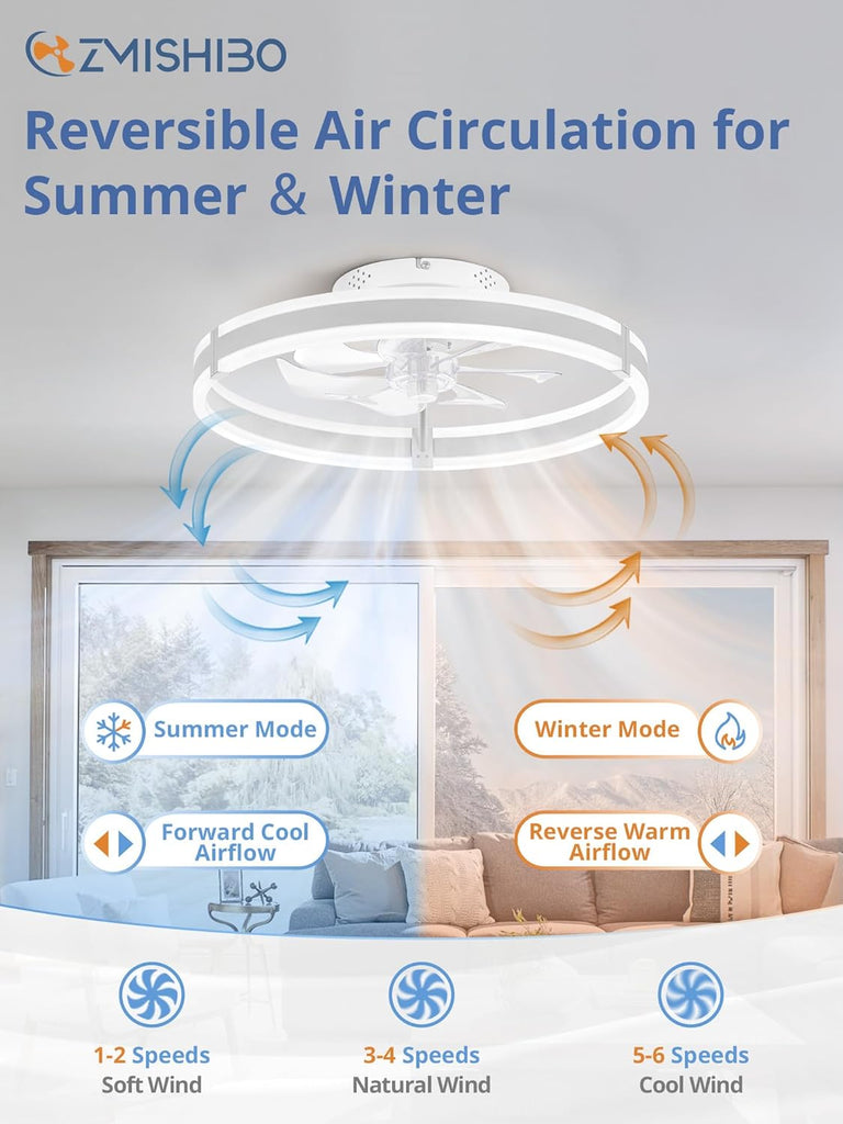 Ceiling Fans with Lights and Remote, 19.7'' Low Profile Ceiling Fan, 3000-6000K Dimmable Modern Flush Mount LED Fan Light, 6 Wind Speeds, White Fandelier Ceiling Fans for Bedroom A101-B0DBHC6FNR