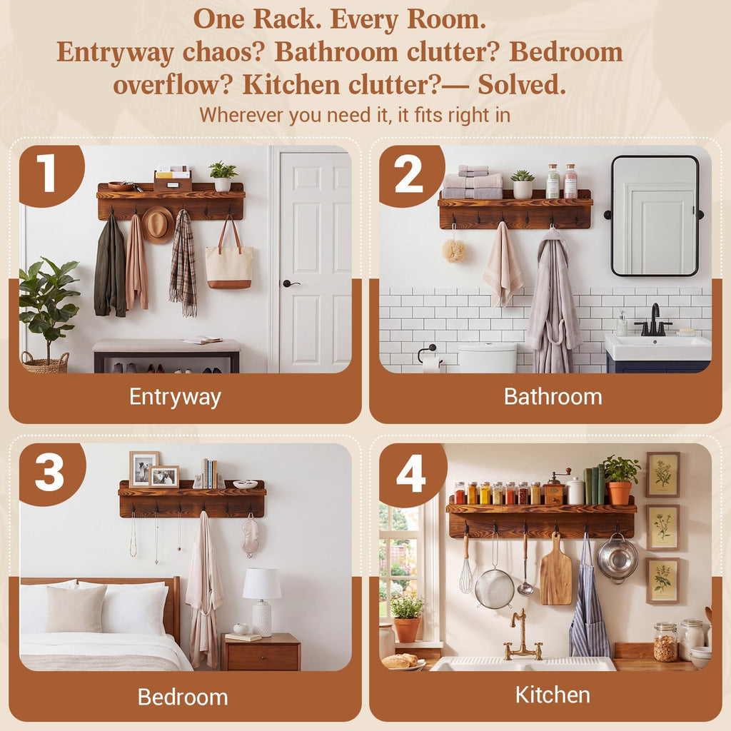 35 Inch Wall Shelf with Hooks and Shelf Organizer Wall Mount Coat Rack with 6 Hooks for Hanging