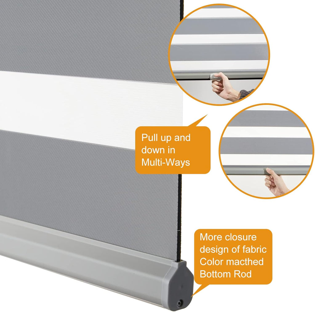 Cordless Zebra Blinds for Windows Free-Stop Window Blinds (30" W X 72" H, Grey) Dual Layer Light Control for Day and Night, Light Filtering Sheer Shades for Home, Easy to Install