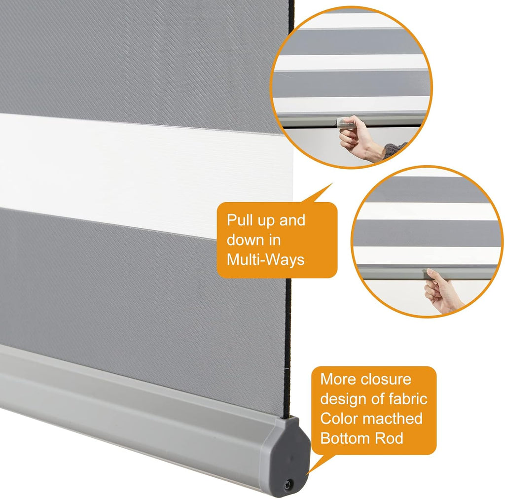 Cordless Zebra Shades (27" W X 64" H, Grey) Free-Stop Window Shades Dual Layer Light Control for Day and Night, Light