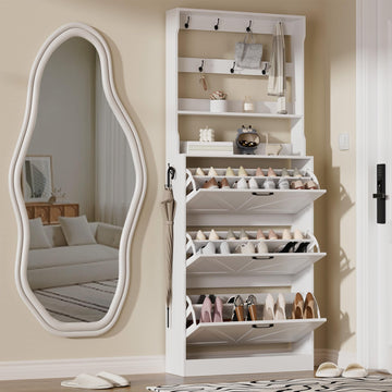 Shoe Cabinet Storage, Narrow Shoe Rack Cabinet with 3 Flip Drawers & Coat Rack, Hidden Shoe Storage Cabinet, 2-in-1