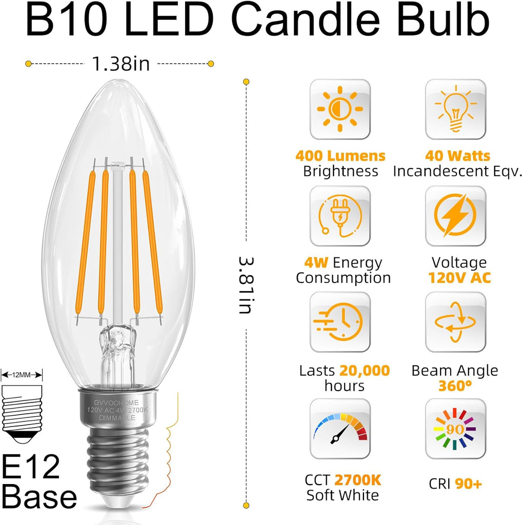 LED Candelabra Light Bulbs 40 watt Equivalent, Dimmable E12 Bulb 2700K