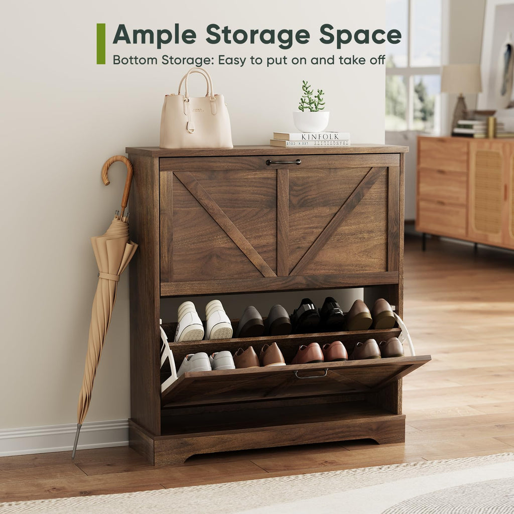 Shoe Cabinet, Shoe Storage Cabinet with 2 Flip Drawers, Narrow Farmhouse Shoe Organizer Cabinet, Slim Shoe Rack