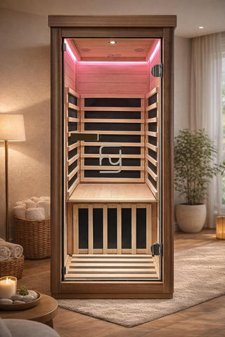 Indoor Infrared Hemlock & Okoume 1100W 1-Person MINI Sauna with LED Lights, Bluetooth Speakers