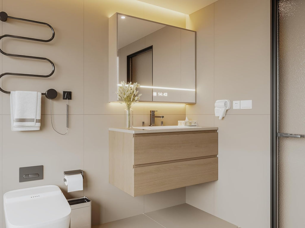 24 Inch Wall Mounted Bathroom Vanity Modern Floating Cabinet with Soft Close Drawers Laminate Doors Plywood Construction Cosmo Sand / Handler -- 24-inch-wall-mounted-bathroom-vanity-modern-floating-soft-close-drawers-cosmo-sand