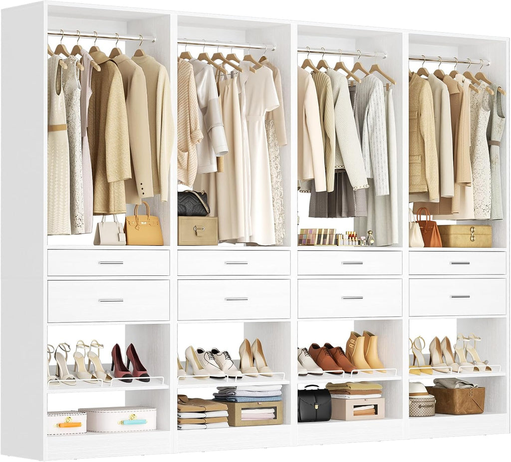 Closet System, 8.3FT Closet Organizer with 8 Wooden Drawers, 4 Hanging Rods, Adjustable Shoe Rack, Easy Assembly