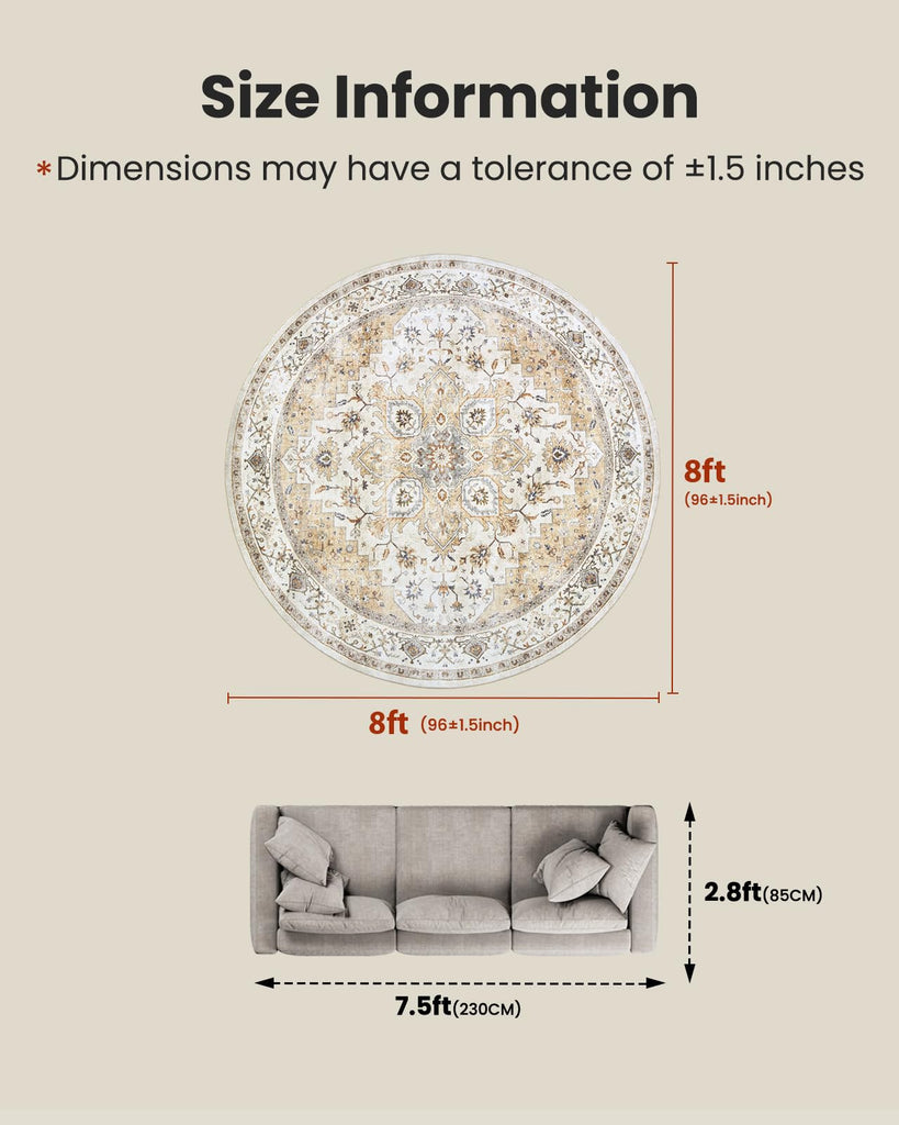 Round 8x8 Washable Area Rug, Beige, Vintage Style
