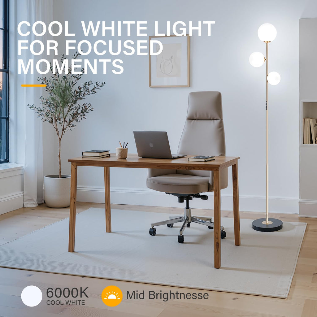 3 Globe Floor Lamp - Mid Century Modern Standing Light with 3 Color Temperatures, LED Frosted Glass Shades (Gold)