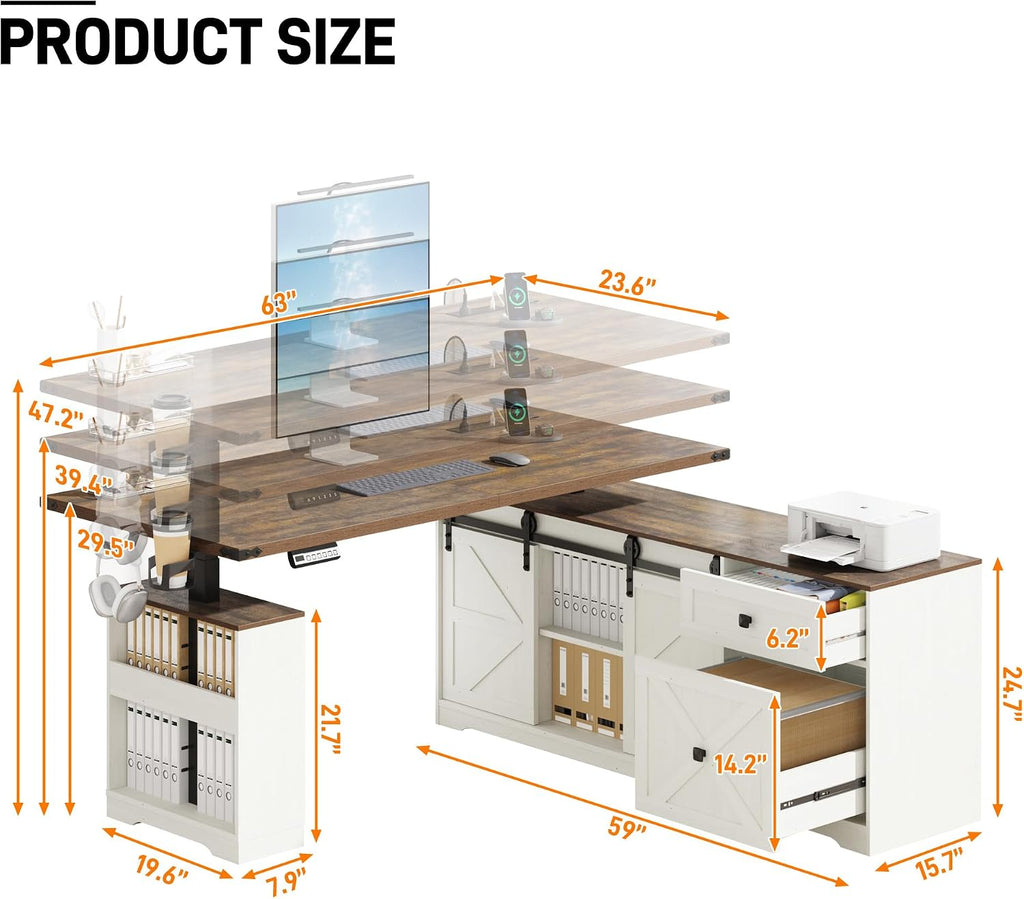 L Shaped Electric Standing Desk 63" White with Power & Storage | File drawer, sliding door cabinet, cup holder