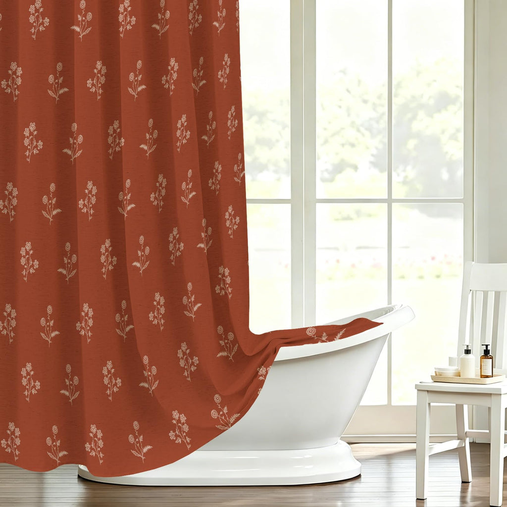 Linen Shower Curtain Terracotta Farmhouse Vintage Floral Shower Curtains Burnt Orange Boho Rustic Curtains Block