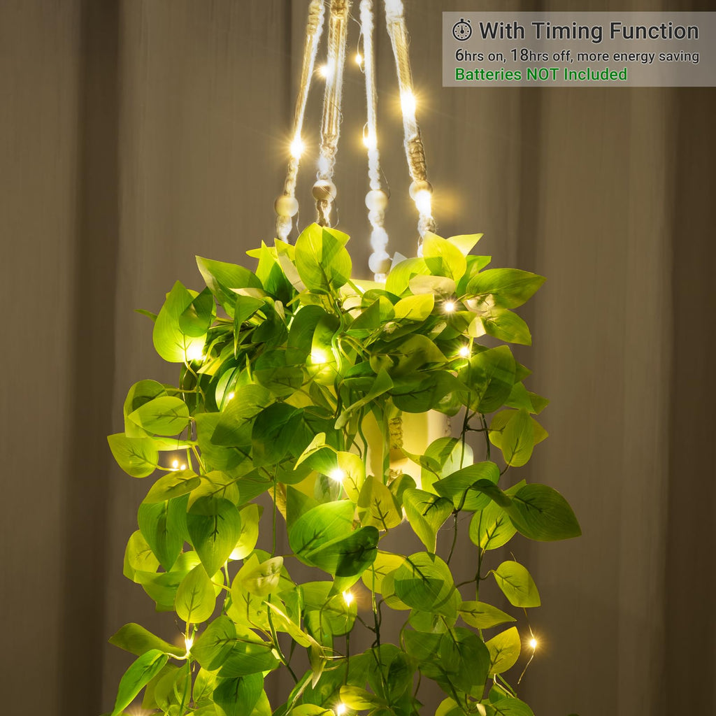Fake Hanging Plant with Lights, Artificial Plants Decor Indoor Macrame Plant Hanger with Fake Vines, Batteries NOT