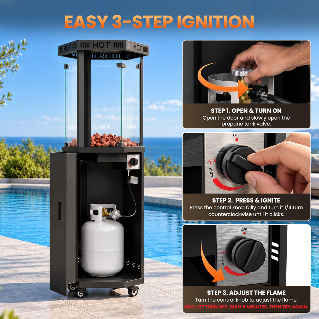 Outdoor Patio Heater, 41, 000 BTU Propane Glass Flame Tower with Wheels