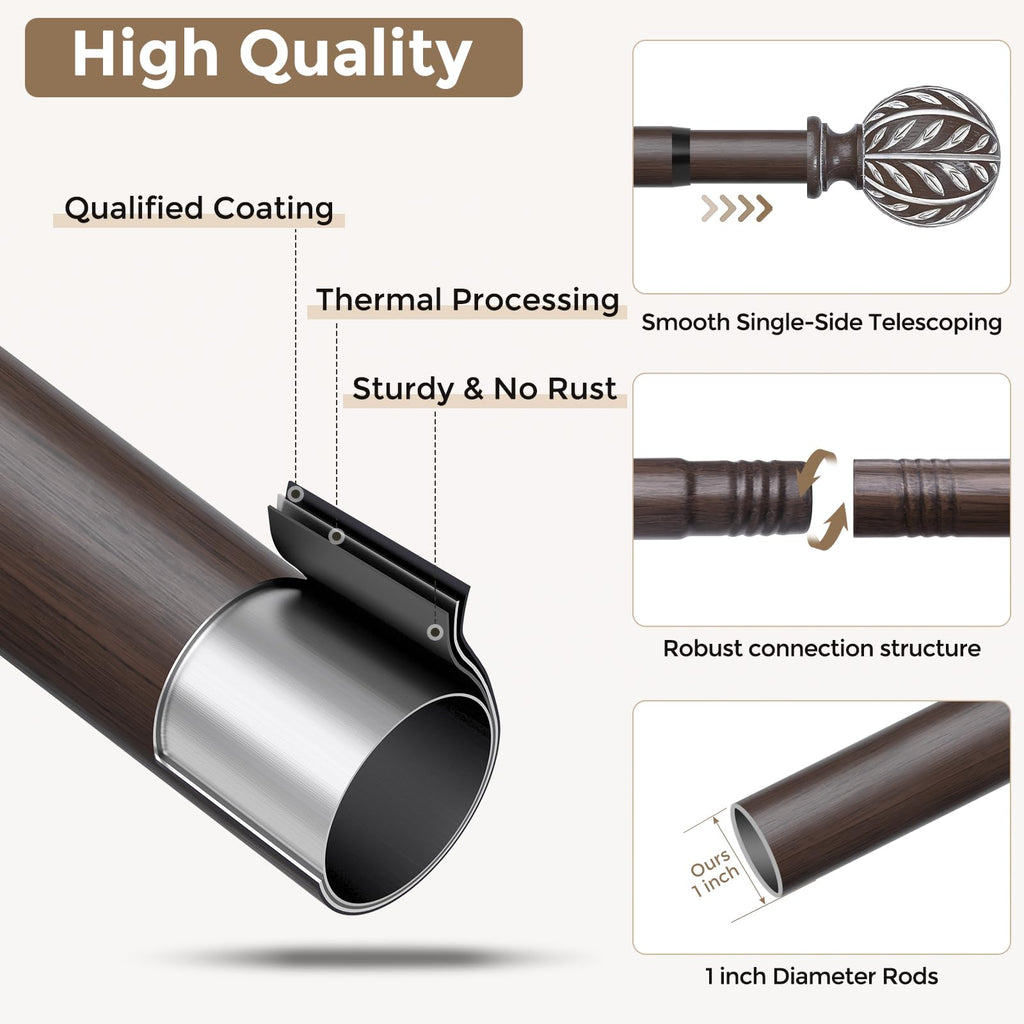 2 Pack Wood Boho Decorative Curtain Rod, 36-91 Inch, Walnut